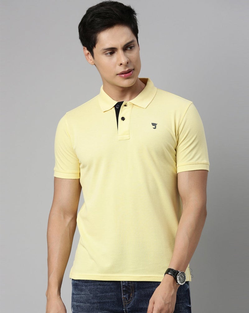 Joven Men Yellow Solid Polo Collar Pure Cotton T-Shirt - Image 1